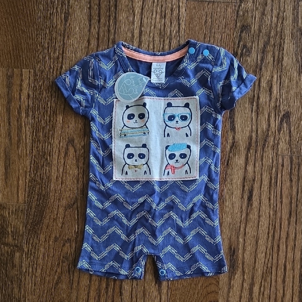 Blue Chevron Baby Romper with Panda Print